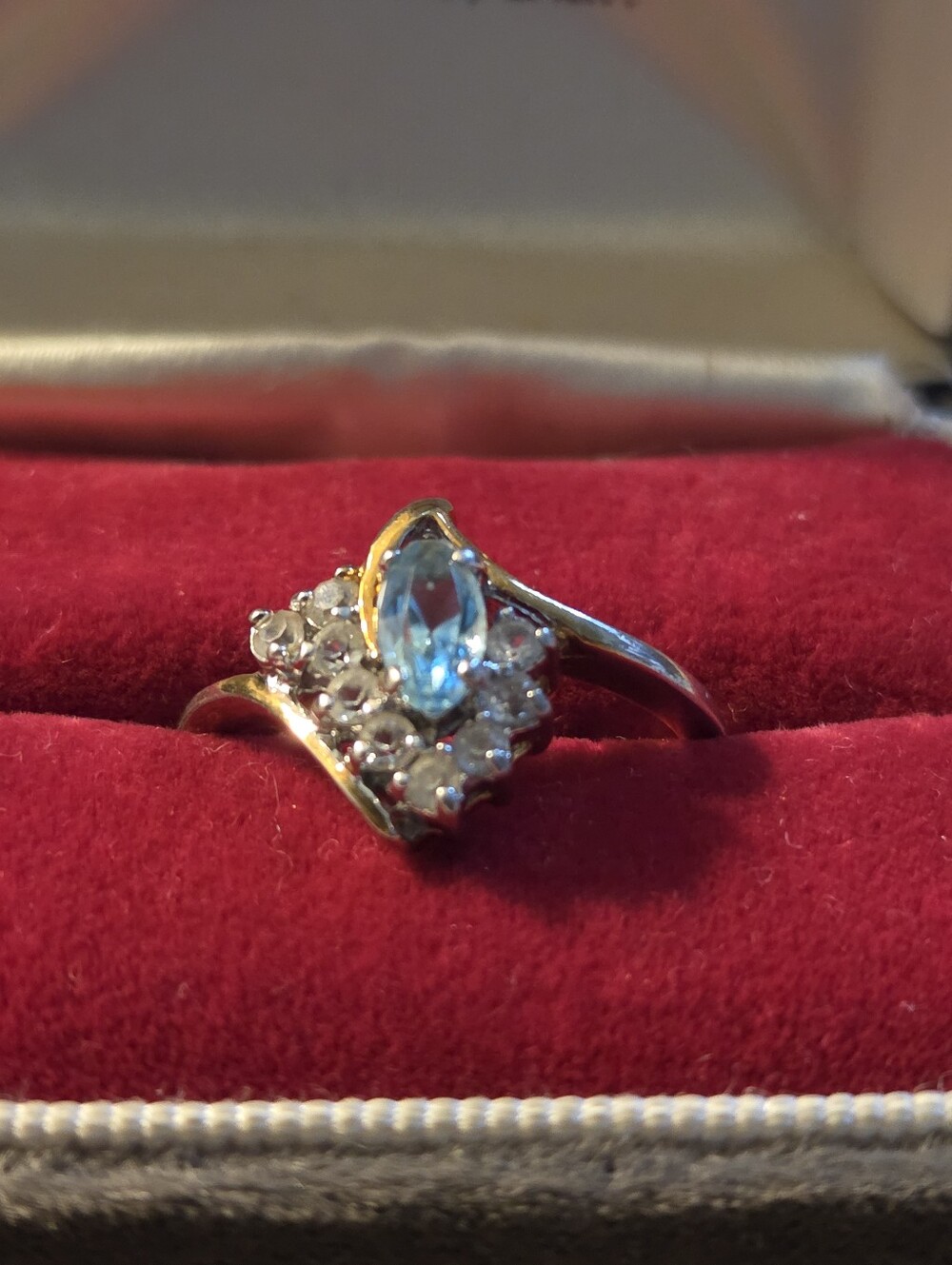 Vintage Blue Topaz Ring With Faux Diamonds Gold Plated Size 9
